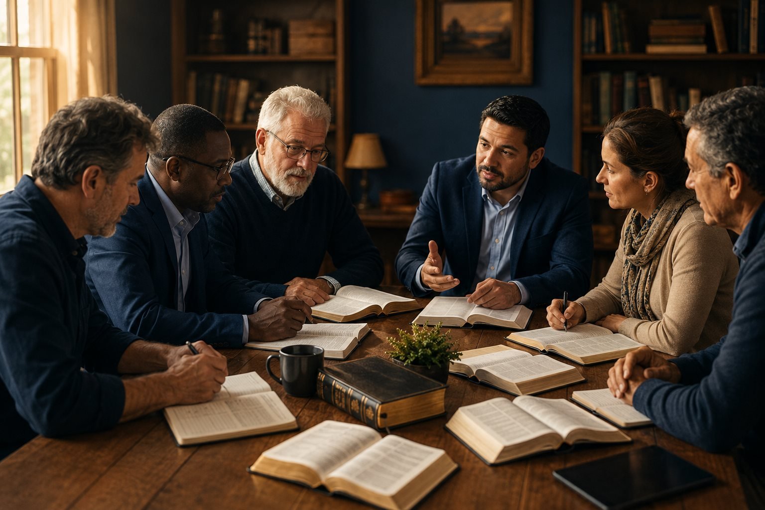 Grupo de pastores y líderes estudiando la Biblia juntos